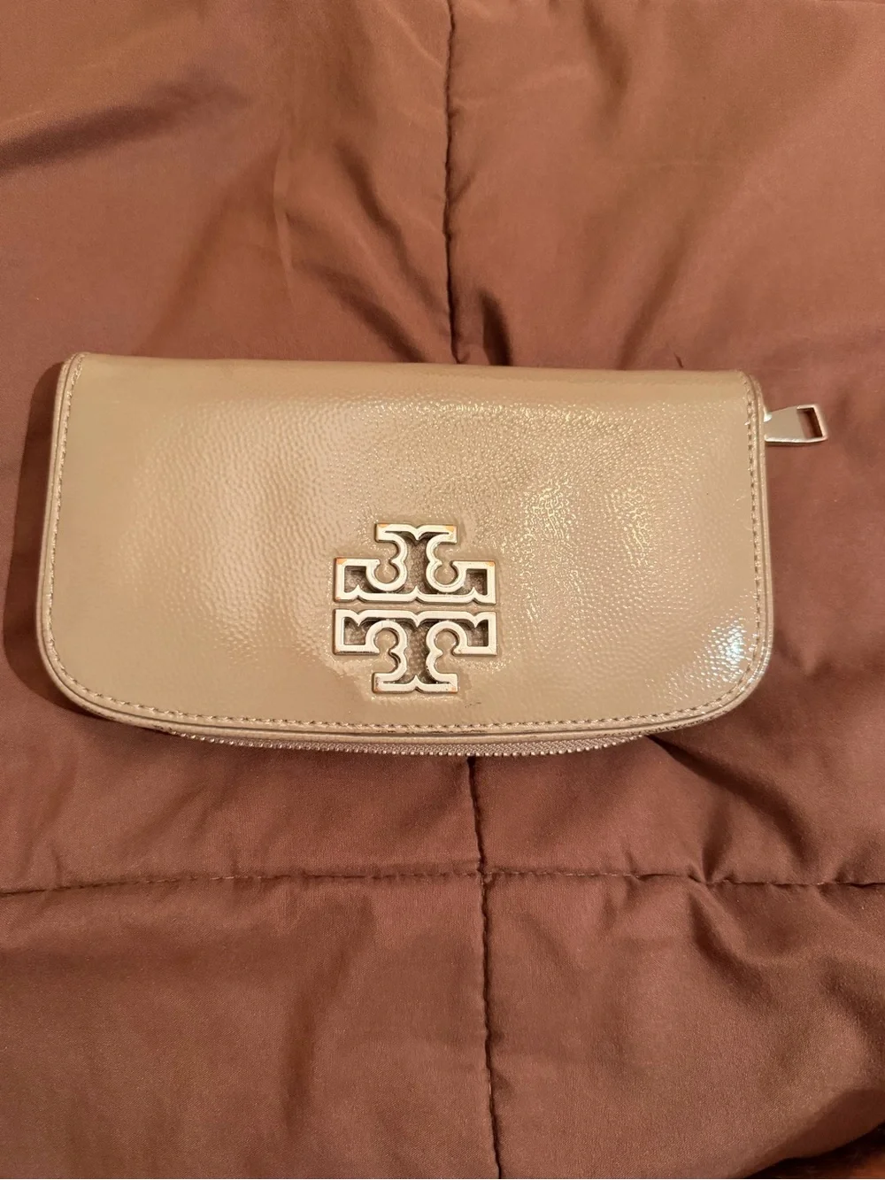 Tory Burch Blush Patent Leather Clutch with Logo